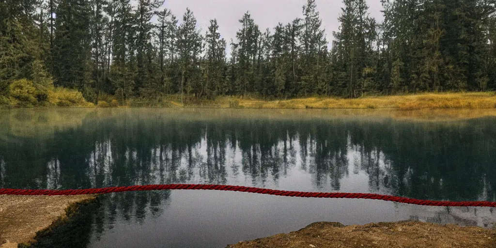 Prompt: photograph of a long rope floating on the surface of the water, the rope is snaking from the foreground stretching out towards the vortex sinkhole center of the lake, a dark lake on a cloudy day, mood, trees in the background, anamorphic lens