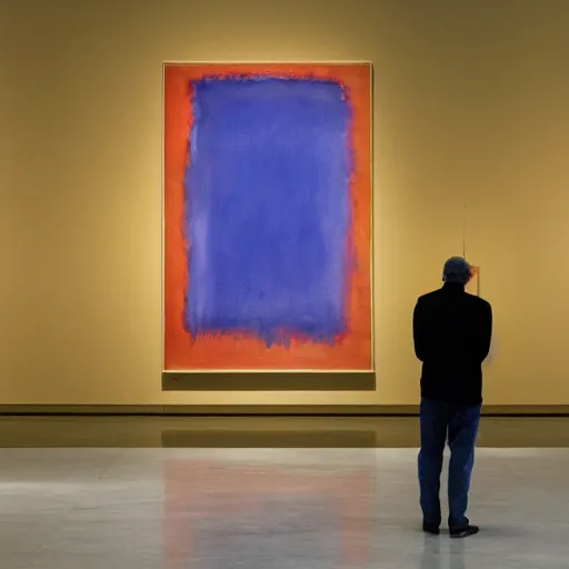 Prompt: man admiring a fake mark rothko painting hanging in a big art gallery
