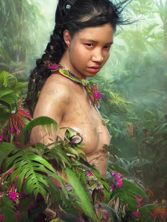 Image similar to beautiful portrait of a Subtropical monsoon climate minority female wearing fantastic costume,ivoy skin, pigtail,subtropical plants,subtropical plants flowers,intricate, elegant, highly detailed, dim volumetric lighting, 8k,octane,post-processing,digital painting, trending on artstation, concept art, smooth, sharp focus, illustration,by Tom Bagshaw and Daniel Gerhartz and Albert Aublet and Lawrence Alma-Tadema and alphonse mucha