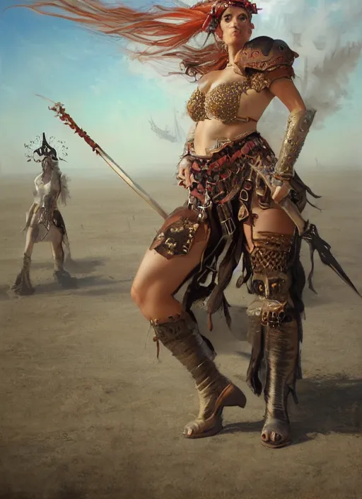 Image similar to hyper realistic painting of burningman pagan medieval festival warrior curvy partygirl cinematic, vallejo, julie bell, craig mullins greg rutkowski,