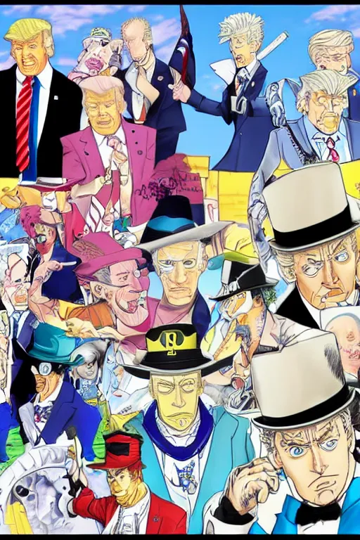Prompt: Joe Biden as Jotaro Kujo JoJo from JoJo's Bizarre Adventure battling Donald Trump, anime drawing by Hirohiko Araki, vivid colors, colorful fashion