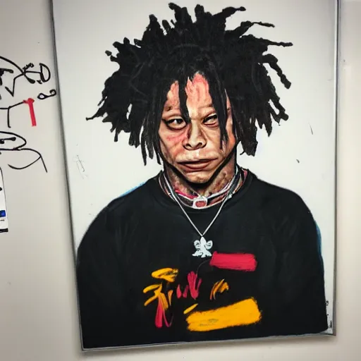 Prompt: Trippie Redd drawn in chalk on a chalkboard