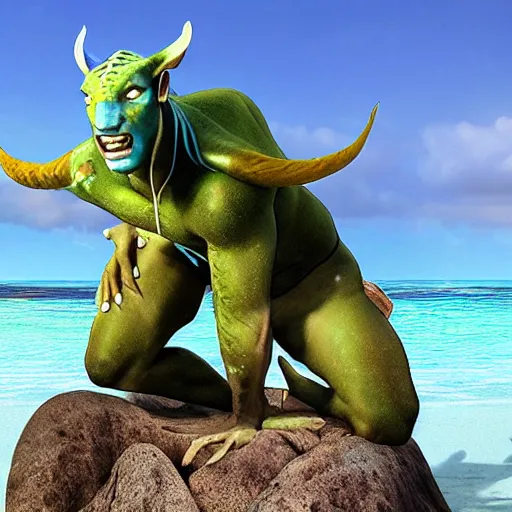 Prompt: Avatar na'vi with green beards, beach, water