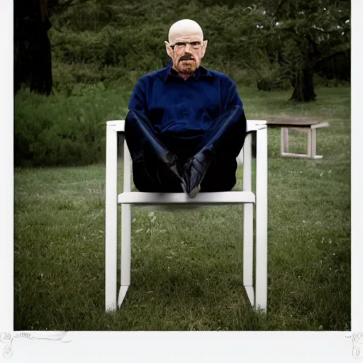 Image similar to walter white sitting on chair standing photo by annie leibovitz 8 0 mm lens bokeh