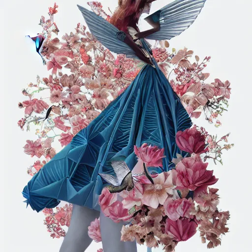 Image similar to 3 / 4 view of a beautiful girl wearing an origami!!! dress, eye - level medium shot, fine floral ornaments in cloth and hair, hummingbirds, elegant, by eiko ishioka, givenchy, by peter mohrbacher, serene, centered, fresh colors, origami, fashion, fine detailed illustration, vogue, japanese, reallusion character creator