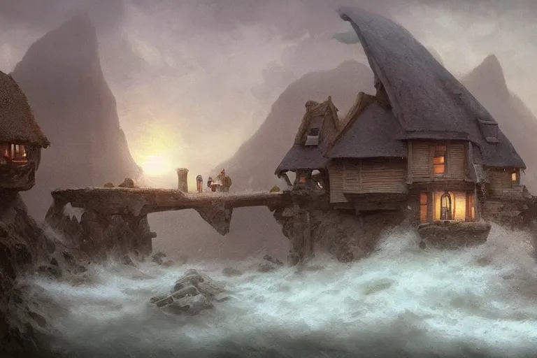 Image similar to submerged under the water of the ocean, a typical european house with a slate roof, submerged under the water of the ocean, school of fishes, scenic view, matte painting by christophe vacher and hubert robert, trending on artstation