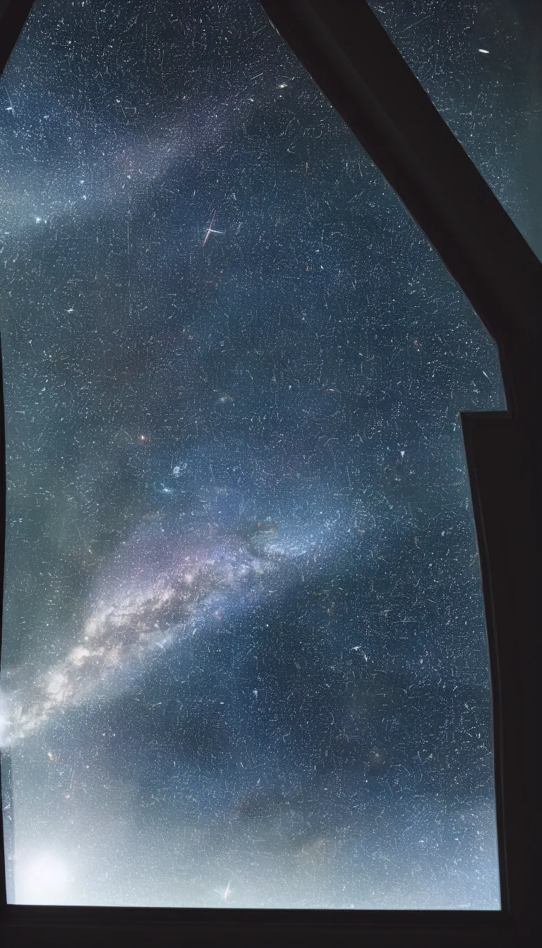 Prompt: A view of space from inside of my house, I’m looking through a window at the beautiful constellations and nebulae that shine brightly in the sky, the lighting is dark, the sky is all that illuminates, 8k, photo reality