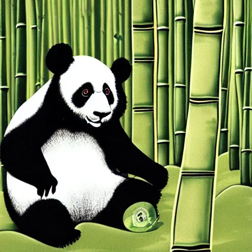 Prompt: panda holding a heart in a bamboo grove, cartoon