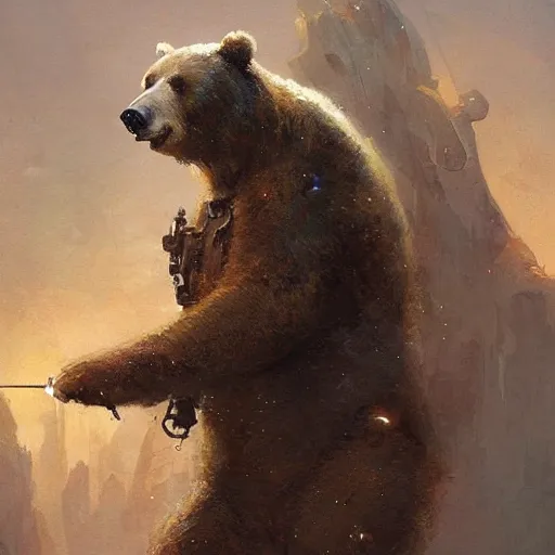 Image similar to realistic bear playing futuristic prismatic angular guitar, fantasy character portrait by Greg Rutkowski, Craig Mullins, Gaston Bussiere