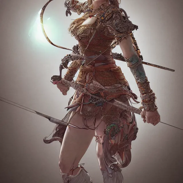 Image similar to the portrait of lawful neutral semi - colorful female archer huntress as absurdly beautiful, gorgeous, elegant, young girl, an ultrafine hyperdetailed illustration by kim jung gi, irakli nadar, intricate linework, bright colors, octopath traveler, final fantasy, unreal engine 5 highly rendered, global illumination, radiant light, detailed and intricate environment