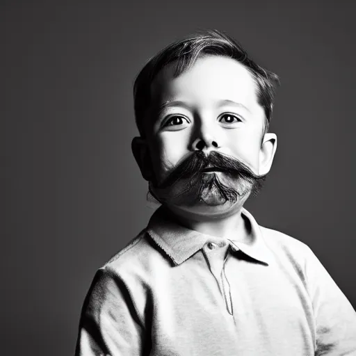 Image similar to toddler elon musk with long mustache and epic beard, 5 0 mm, studio lighting