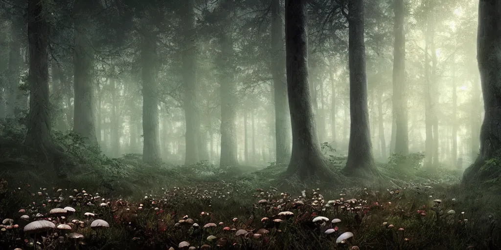 Prompt: forrest full of mushrooms, superwide angle, light through the mist, dramatic lighting, photorealistic, cinematic lighting, high detail, cinematic feel, high octane, 4 k, unreal engine, digital render, intricate, ultra realistic, concept art