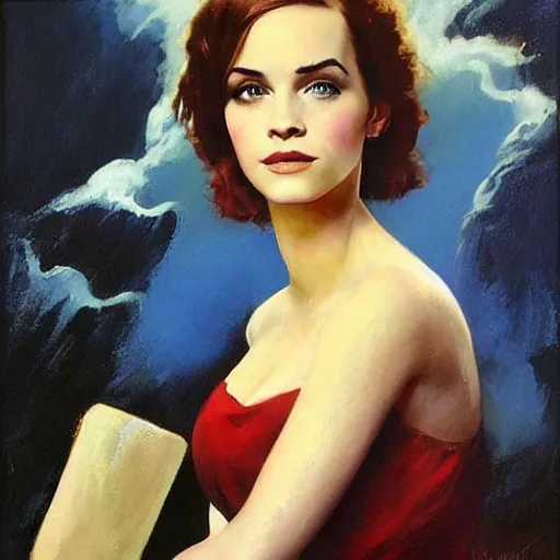 Prompt: frank frazetta painting of christina hendricks and emma watson