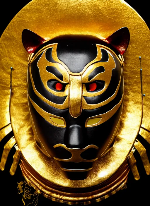 Prompt: samurai tiger mask, product photography, deep black background, fantasy, highly detailed, shimmering, wlop, concept art, digital art, symmetrical features, golden-ratio, canvas, Wangechi Mutu, artstation, rule of thirds