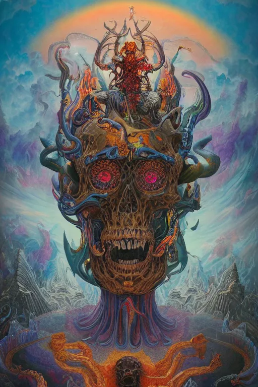 Prompt: gigantic psychedelic demonic cosmic skull lord of death and hell fire, fantasy painting, ultra realistic, wide angle, art nouveau, intricate details, rainbowshift, vivid colors, highly detailed by peter mohrbacher, h. r. giger, maxfield parrish, gustave dore, craig mullins, octane render, cgi