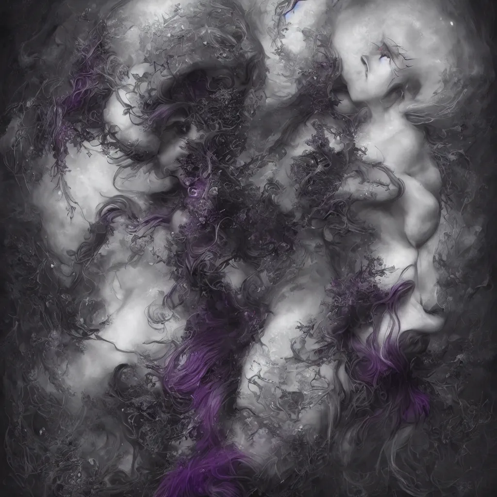 Image similar to tom bagshaw, soft painting centered portrait body shot fractal curiosities carnival, a single beautiful anthropomorphic female wolf mutation in full nightshade gothic armor, accurate features, focus, very intricate ultrafine details, black white purple volumetric clouds, award winning masterpiece, octane render 8 k hd