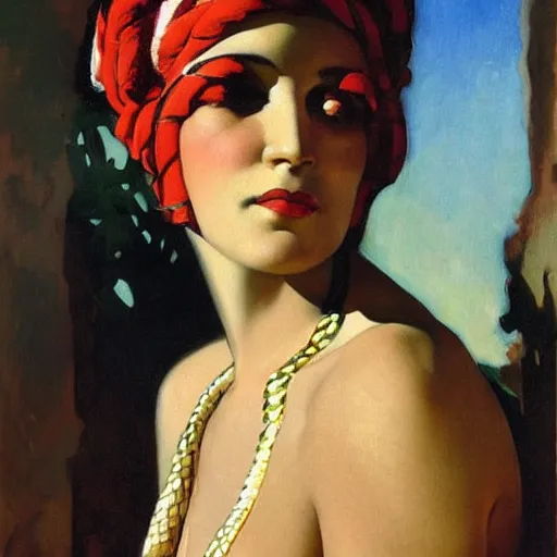 Prompt: portrait of a young snake charmer, morocco 1 9 2 0, by j. c. leyendecker, tamara de lempicka