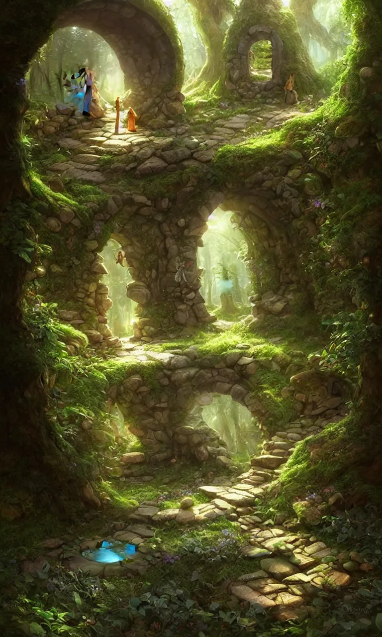 Image similar to Fantasy Magical fairy-tale stone portal in the forest. Round stone portal teleport in trees to other worlds. Fantastic landscape. Magic Altar in the fores, highly detailed, digital painting, artstation, concept art, smooth, sharp focus, illustration, art by artgerm and greg rutkowski and alphonse mucha