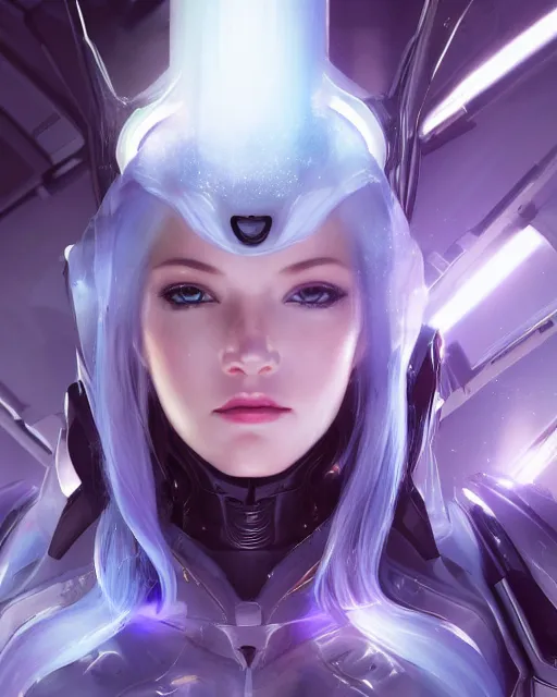 Image similar to perfect android girl on a mothership, warframe armor, beautiful face, scifi, futuristic, galaxy, nebula, raytracing, dreamy, long white hair, blue cyborg eyes, sharp focus, cinematic lighting, highly detailed, artstation, divine, by gauthier leblanc, kazuya takahashi, huifeng huang