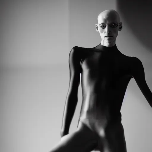 Prompt: fashion photography of a genderless alien model, full body, wearing a black leotard, photo 3 5 mm leica, hyperdetail, berghain, 8 k, very detailed, black and white