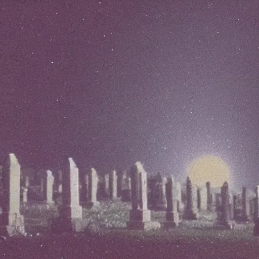 Image similar to a low - quality vhs video from 1 9 9 0 of a cg ghost wandering a moonlit cemetery