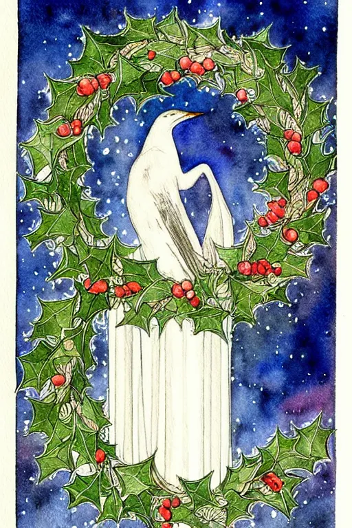 Prompt: realistic watercolor painting of one wreath of holly centered on a white background, detailed art by kay nielsen and walter crane, illustration style, watercolor