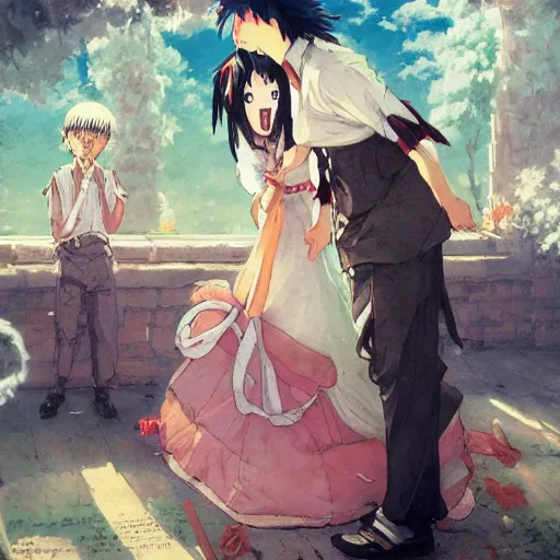 Image similar to Anime bride screaming and slapping a groom, funny, vivid colors, by studio ghibli and greg rutkowski