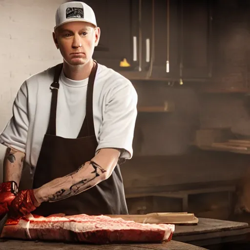 Image similar to Eminem as a butcher with axe in his hand, shot from professional camera, ultra realistic, rim light, beatiful vivid lights