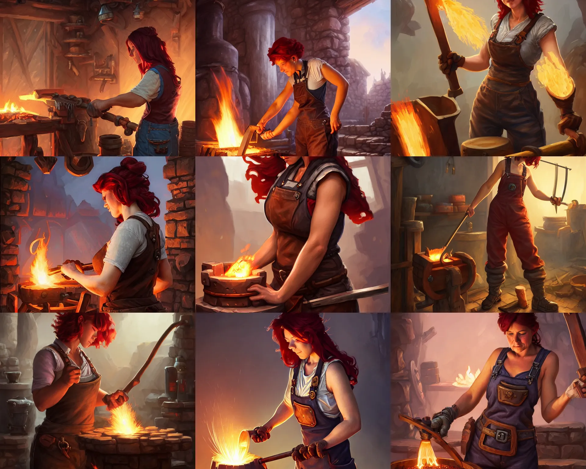 Prompt: female blacksmith working on her forge, deep focus, short red hair, sleeveless shirt and overalls, d & d, fantasy, intricate, elegant, highly detailed, digital painting, artstation, concept art, matte, sharp focus, illustration, hearthstone, art by artgerm and greg rutkowski and alphonse mucha