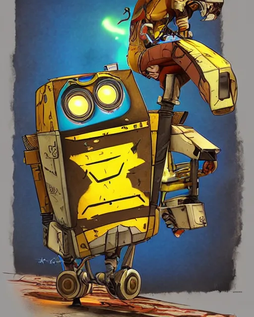 Image similar to cel - shaded claptrap from borderlands 3, airbrush, drew struzan illustration art, key art, movie poster