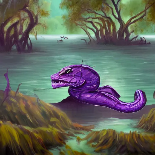 Prompt: a purple head of a small sea serpent with big white eyes, sticking above the water in the mangroves, marshes, trending on artstation, 4 k, video game art, oil painting