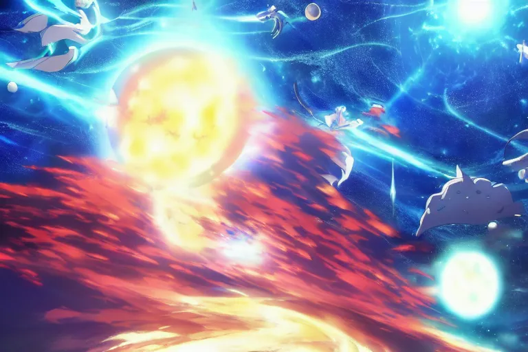 Image similar to Tonemapped Anime character splitting a gas giant in half like Moses with the Red Sea, while a pack of Space whales fly through an interdimensional rift! in the background by (Hiromu Arakawa), Makoto Shinkai and (Cain Kuga)