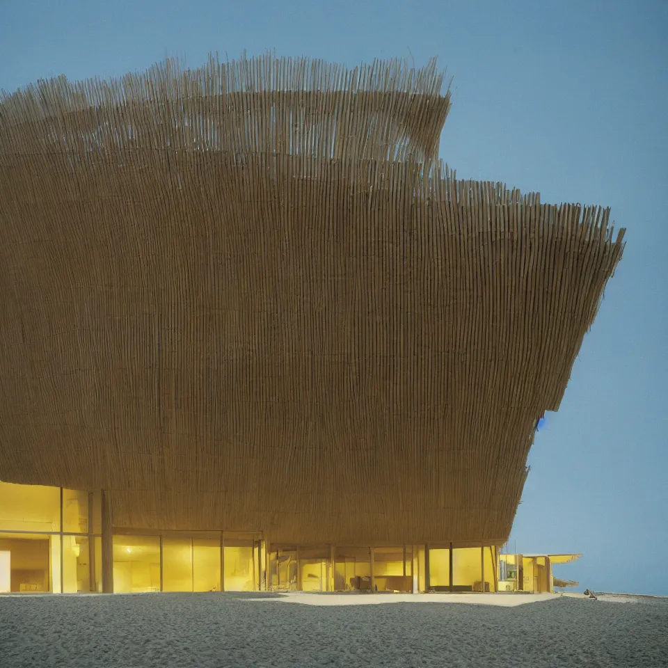 Prompt: architecture ad for a mid-century modern house on the beach, designed by Kengo Kuma. Film grain, cinematic, yellow hue