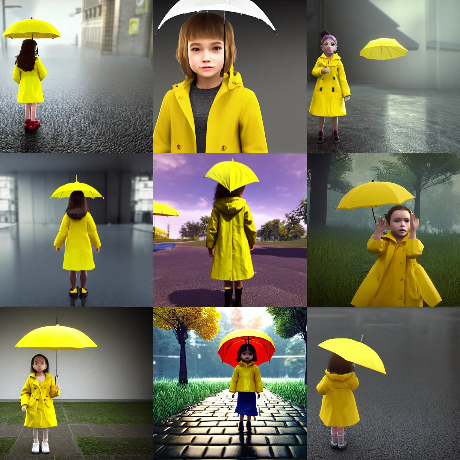 Prompt: A little girl in a yellow raincoat, wearing a transparent umbrella. Front view, Unreal Engine.