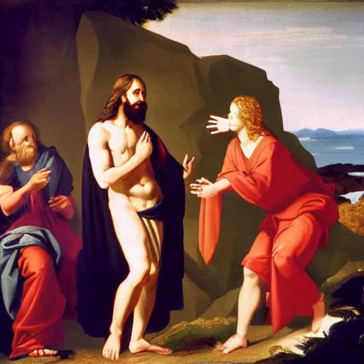 Prompt: painting of Jesus having a debate with Aphrodite