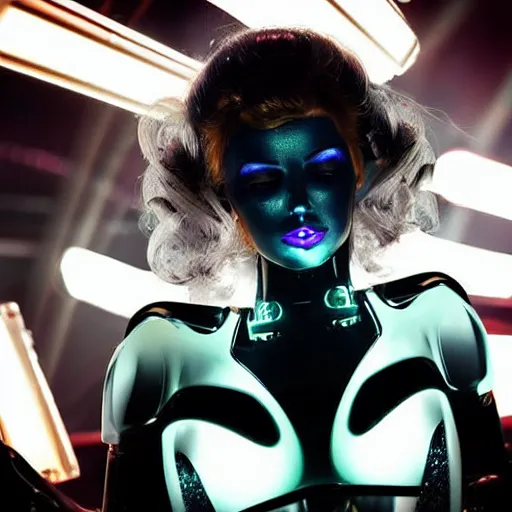 Prompt: a beautiful and seductive robot android woman with long flowing hair and bright makeup sings on stage in a dimly lit futuristic nightclub. twilight zone, dark city inspired realistic gritty award winning photographic portrait single point lighting