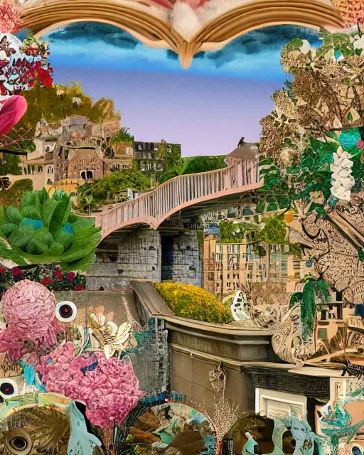 Image similar to detailed bridge with unexpected maximalist elements. 8x HD mixed media 3D collage in the style of an hyperdetailed childbook illustration in soft natural tones. matte background no frame HD