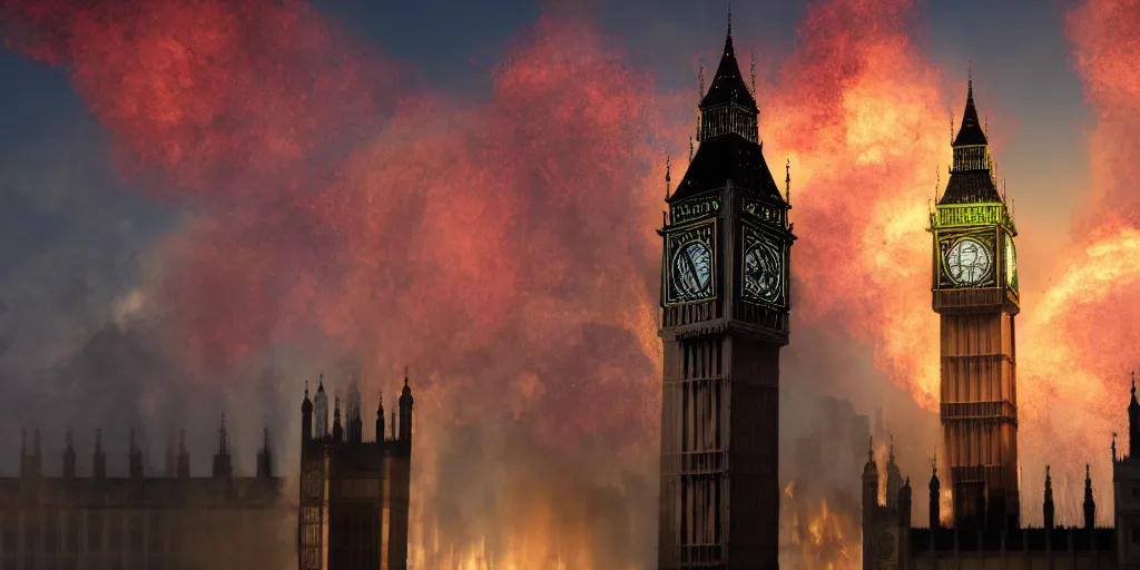 Prompt: the big ben being burned down, cinematic, rtx, beautiful, revolutionary, unreal, epic, blender render, professional