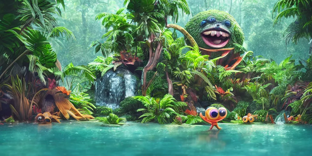 Image similar to of a tropical rainforest lake with strange cute friendly happy creatures with huge eyes, mouth, long tongue, round teeth and goofy face, appearing from the water, in the style of gehry and gaudi, macro lens, shallow depth of field, ultra detailed, digital painting, trending artstation, concept art, illustration, cinematic lighting, photorealism, epic, octane render