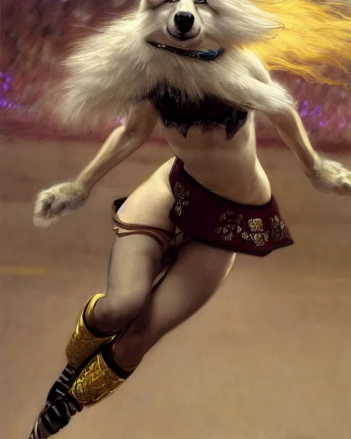 Image similar to white female anthro wolf skating at a roller derby, 4 k, furaffinity, trending on artstation, very expressive detailed face, energetic, speed, motion blur, by gaston bussiere, craig mullins, j. c. leyendecker, gustav klimt, artgerm, greg rutkowski, alphonse mucha