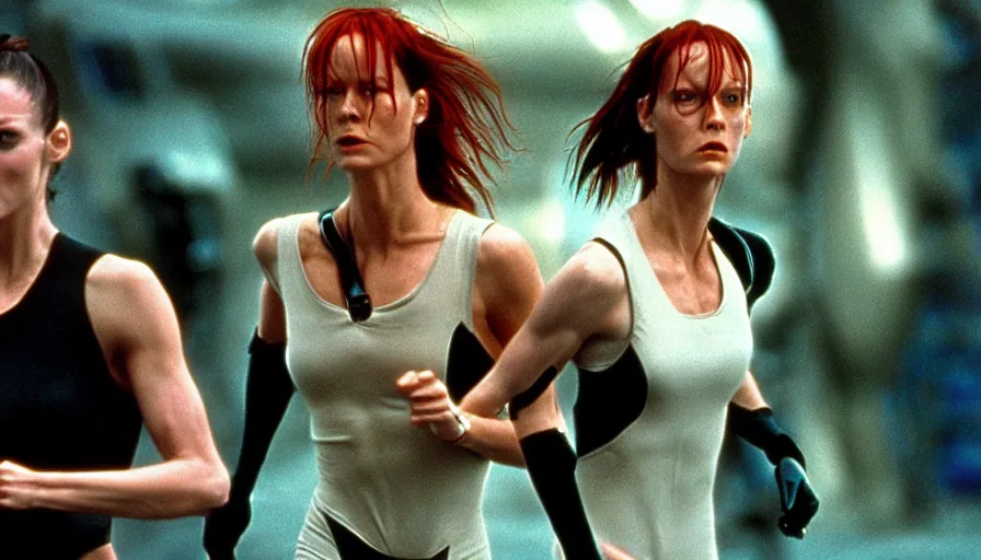 Image similar to The matrix, LeeLoo, Starship Troopers, Clarice Starling, Rey, Sprinters in a race with a clear winner, The Olympics footage, intense moment, cinematic stillframe, shot by Roger Deakins, The fifth element, vintage robotics, formula 1, starring Geena Davis, sports photography, clean lighting