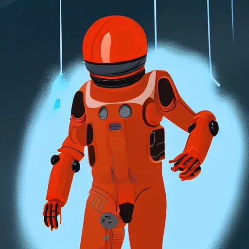 Image similar to Concept character art, man wearing scifi robotic space suit, red and orange, digital art