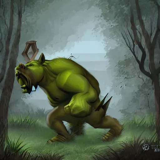 Prompt: An orc in a forest throwing a boar, digital art