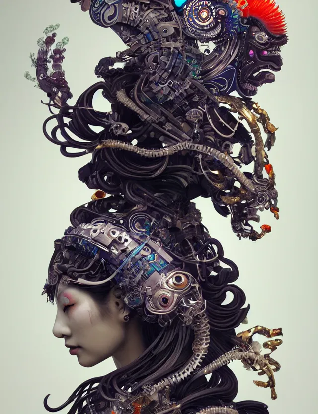 Image similar to 3 d goddess cyborg close - up profile portrait with ram skull. beautiful intricately detailed japanese crow kitsune mask and clasical japanese kimono. betta fish, jellyfish phoenix, bio luminescent, plasma, ice, water, wind, creature, artwork by tooth wu and wlop and beeple and greg rutkowski