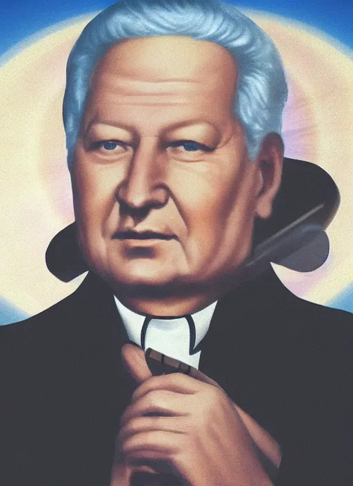 Image similar to president yeltsin smokes a cigarette, icon with a halo, color art in church style 4 k