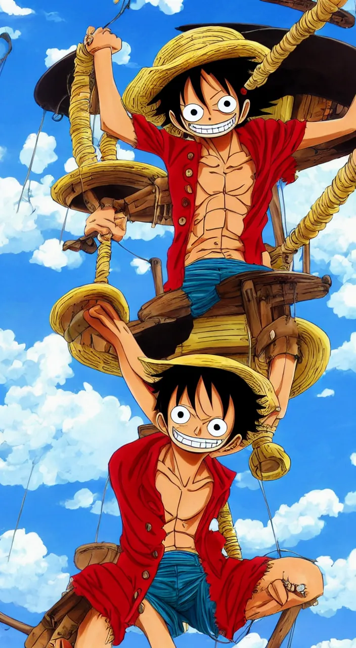 Image similar to monkey d luffy from the anime one piece on a pirate ship