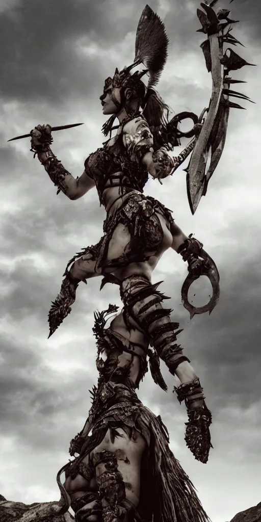 Prompt: vertical movie frame with polish warrior princess fights, standing on rock, drum from below, inspired by monster hunter and dark fantasy and fashion, beautiful body, clean brutal blooded symmetrical face, brutal bloody sluty make up, epic,dramatic lighting, cinematic, establishing shot, extremely high detail, photorealistic, brutal, provocative , cinematic lighting, artstation, octane render, dark fantasy ,old photo, vintage, black and white, Boris vallejo, sepia, old photography, documentary photography