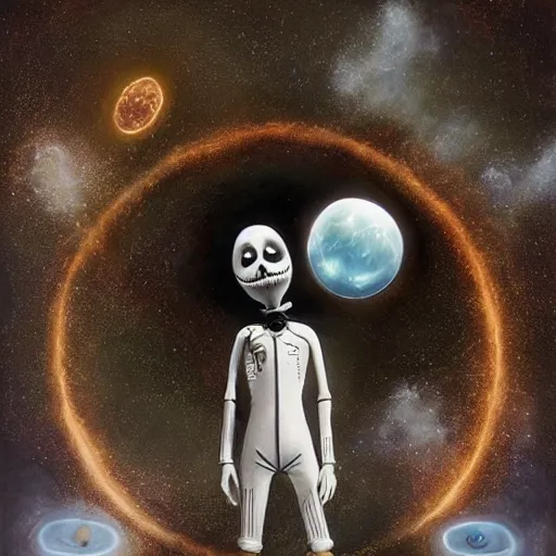 Image similar to michal karcz surrealism Pastel painting of the end of an astronaut happy in the galaxy. , in the style of jack skellington, in the style of a clown, loony toons style, love theme, detailed, elegant, intricate, 4k, Renaissance painting