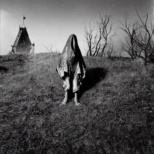 Image similar to scary unproportionally tall disfigured ghost creature in the middle of an old medieval battlefield, 35mm picture