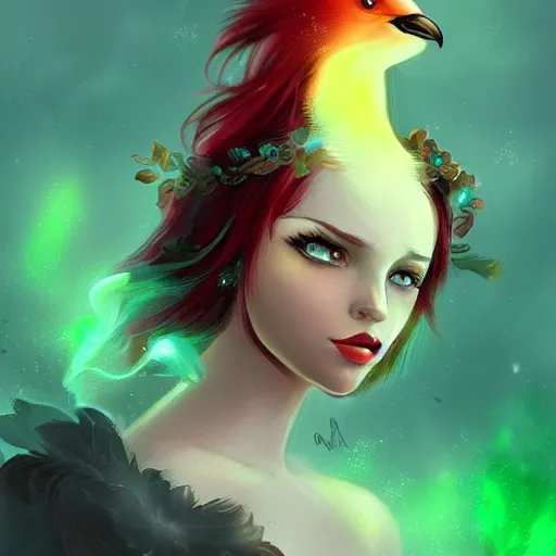 Image similar to a beautiful stunning fantasy whimsical matte digital portrait illustration of a pretty womam with bright green eyes and fiery red hair with a green bird on her shoulder, in the style of Ross Tran, trending on artstation, contest winner